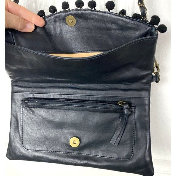 Boho Embroidered Leather Crossbody Bag Womens PomPom Trim Festival Hippie Purse - Picture 5 of 11